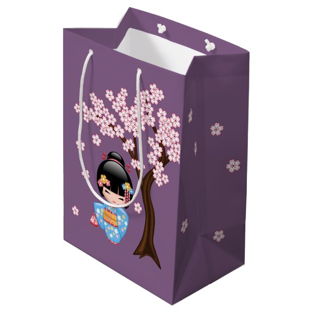 Maiko Kokeshi Doll Blue Kimono Geisha Girl Purple Medium Gift Bag (Back Angled)