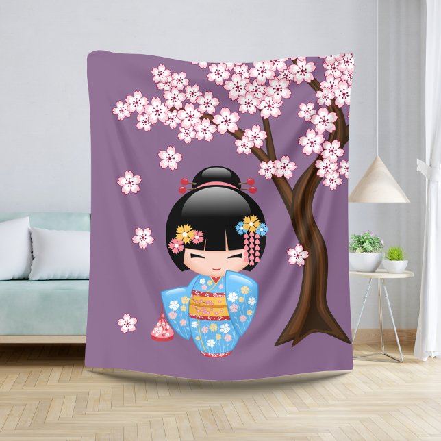 Maiko Kokeshi Doll - Blue Kimono Geisha Girl Sherpa Blanket (Creator Uploaded)