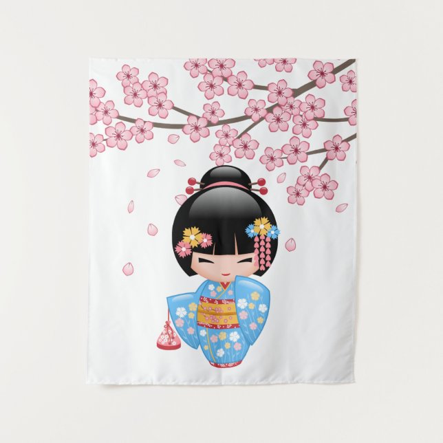 Maiko Kokeshi Doll - Blue Kimono Geisha Girl Tapestry (Front)