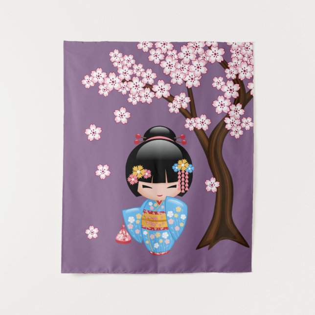 Maiko Kokeshi Doll - Blue Kimono Geisha Girl Tapestry (Front)