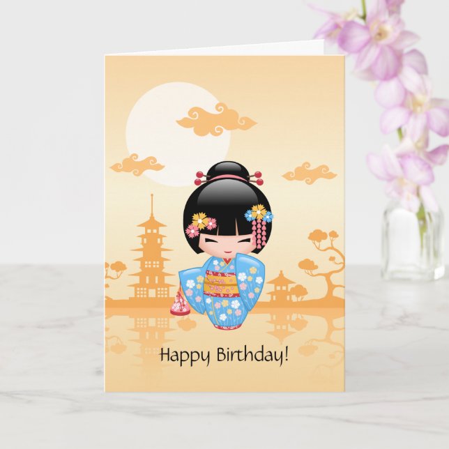 Maiko Kokeshi Doll - Cute Geisha Birthday Card (Orchid)