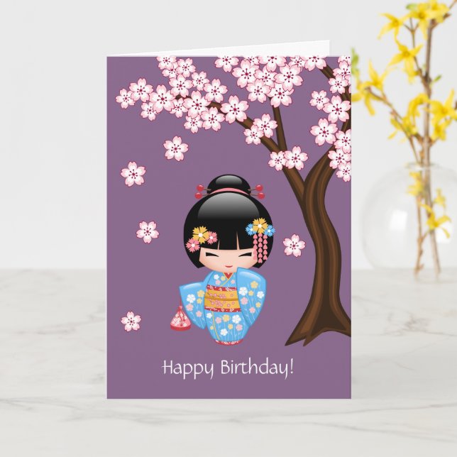 Maiko Kokeshi Doll - Cute Geisha Birthday Card (Yellow Flower)