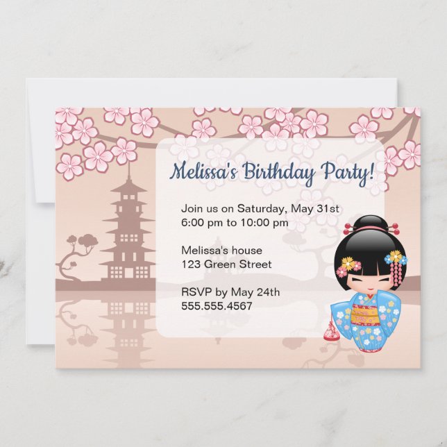 Maiko Kokeshi Doll - Cute Geisha Birthday Party Invitation (Front)