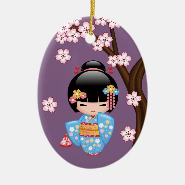 Maiko Kokeshi Doll - Cute Geisha Girl on Purple Ceramic Tree Decoration (Front)