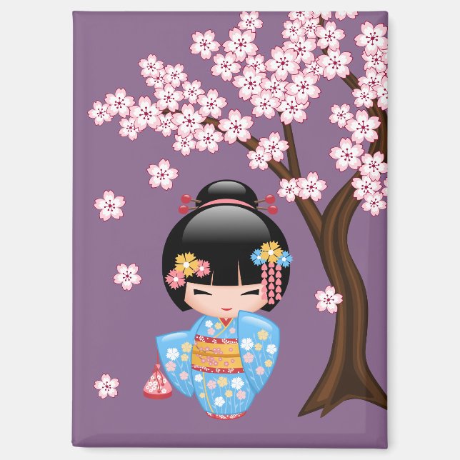 Maiko Kokeshi Doll Cute Geisha Girl Purple Magnet (Front)