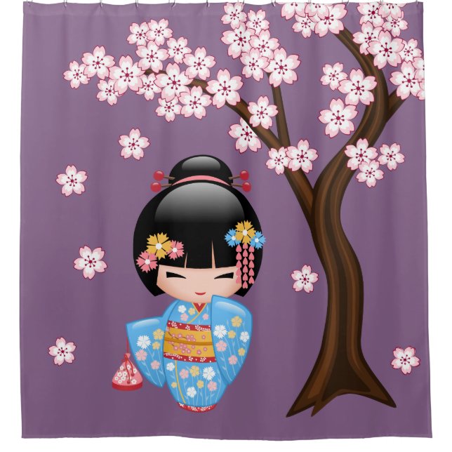 Maiko Kokeshi Doll Cute Geisha Girl Purple Shower Curtain (Front)