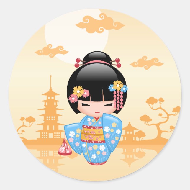 Maiko Kokeshi Doll Cute Geisha Girl Yellow Classic Round Sticker (Front)