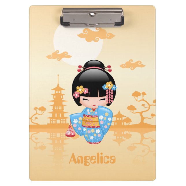 Maiko Kokeshi Doll Cute Geisha Girl Yellow Clipboard (Front)