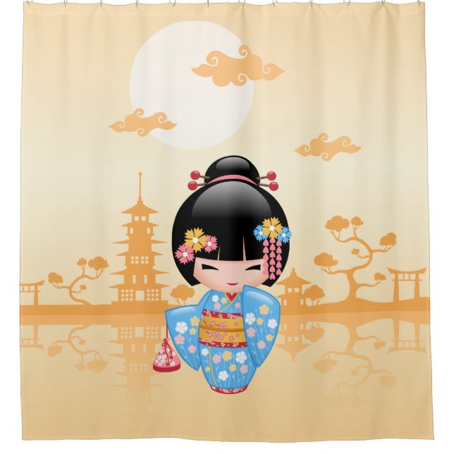 Maiko Kokeshi Doll Cute Geisha Girl Yellow Shower Curtain (Front)