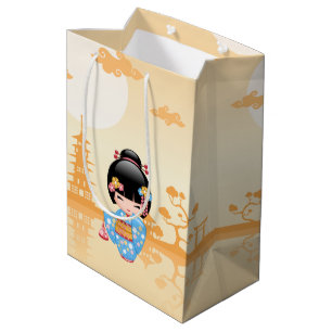 Maiko Kokeshi Doll Cute Japanese Geisha Yellow Medium Gift Bag