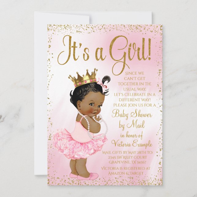 Mail Baby Shower Pink Gold African Princess Tutu Invitation (Front)