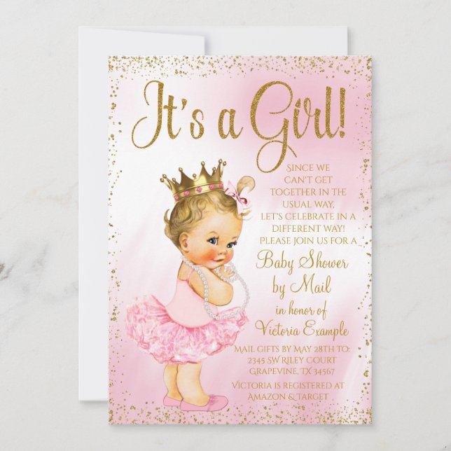 Mail Baby Shower Pink Gold Blonde Princess Tutu Invitation (Front)