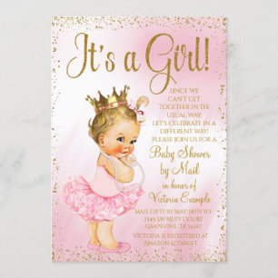 Mail Baby Shower Pink Gold Blonde Princess Tutu Invitation