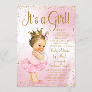 Mail Baby Shower Pink Gold Brunette Princess Tutu Invitation