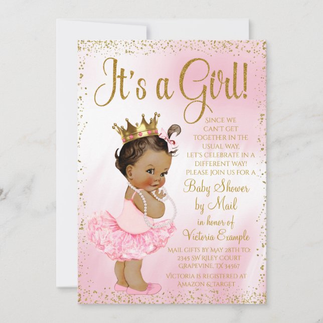 Mail Baby Shower Pink Gold Ethnic Princess Tutu Invitation (Front)