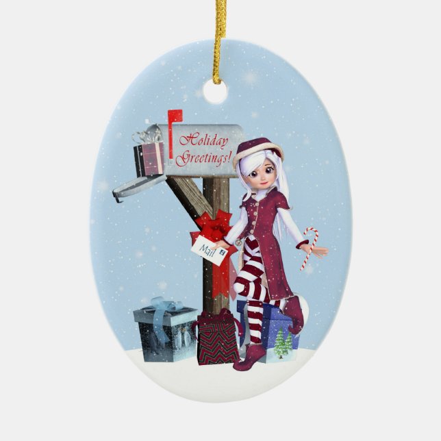 Mail Carrier Elf  Mailbox and Gifts Ornament (Front)