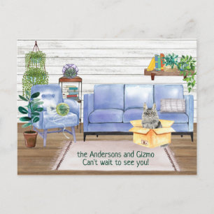Main Coon Cat Cosy New Home Address    Announcement Postcard
