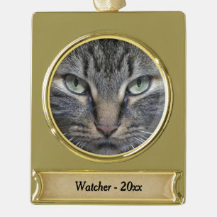 Main Coon Cat Eyes Gold Name and Year Gold Plated Banner Ornament
