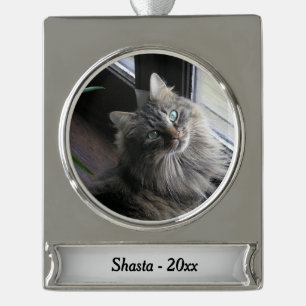 Main Coon Cat Silver Name and Year Silver Plated Banner Ornament
