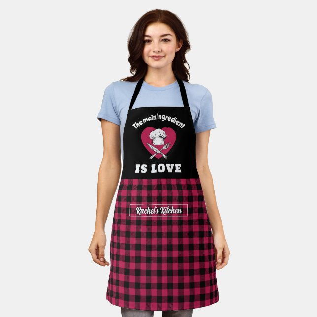 Main Ingredient Is Love Red Black Plaid Pattern Apron (Worn)