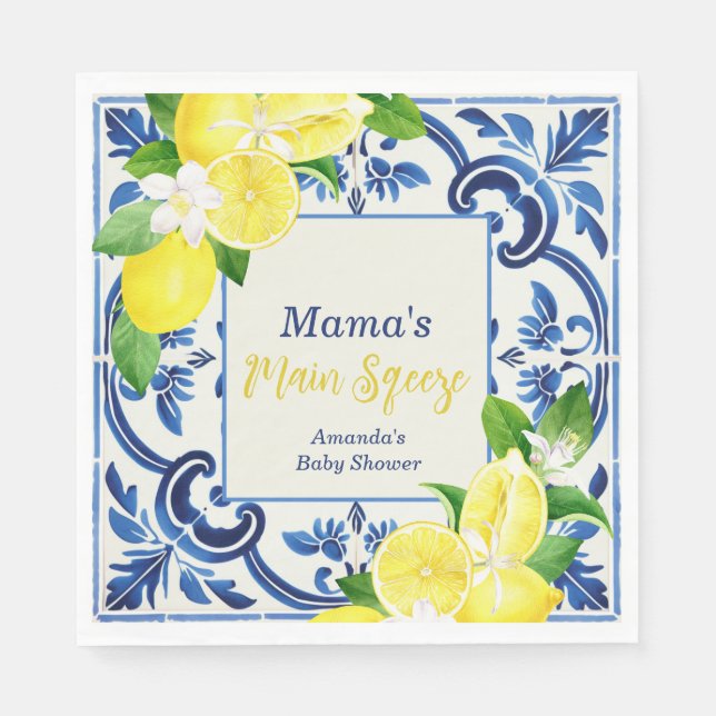 Main Sqeeze Blue Tile Lemon Citrus Baby Shower Napkin (Front)