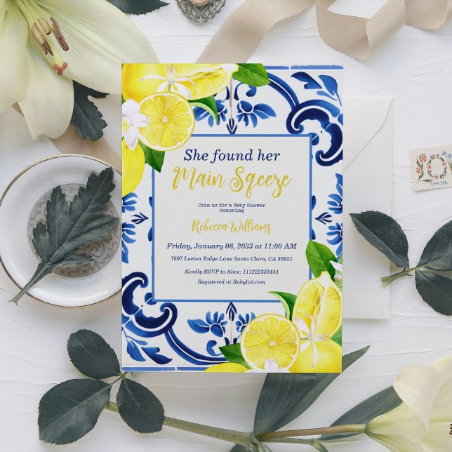 Main Sqeeze Blue Tile Lemon Citrus Bridal Shower Invitation (Creator Uploaded)
