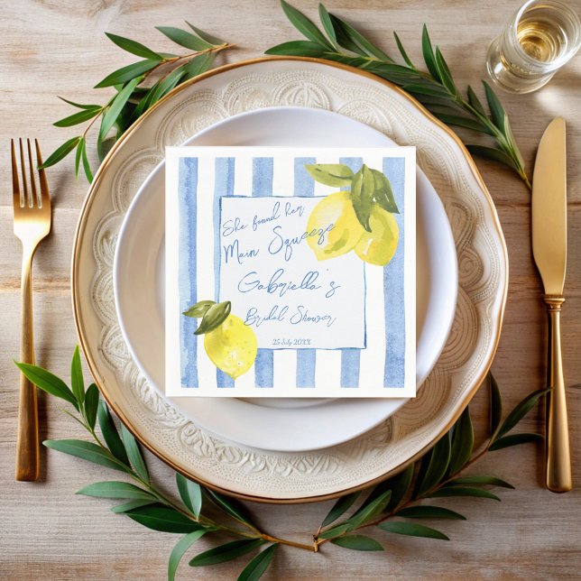 Main squeeze blue stripes lemons bridal shower napkin (Main squeeze blue stripes lemons Italian bridal shower monogrammed napkins personalized table decor)