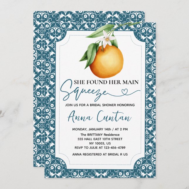 Main Squeeze Bridal Shower Lemon Blue Tile Invitation (Front/Back)