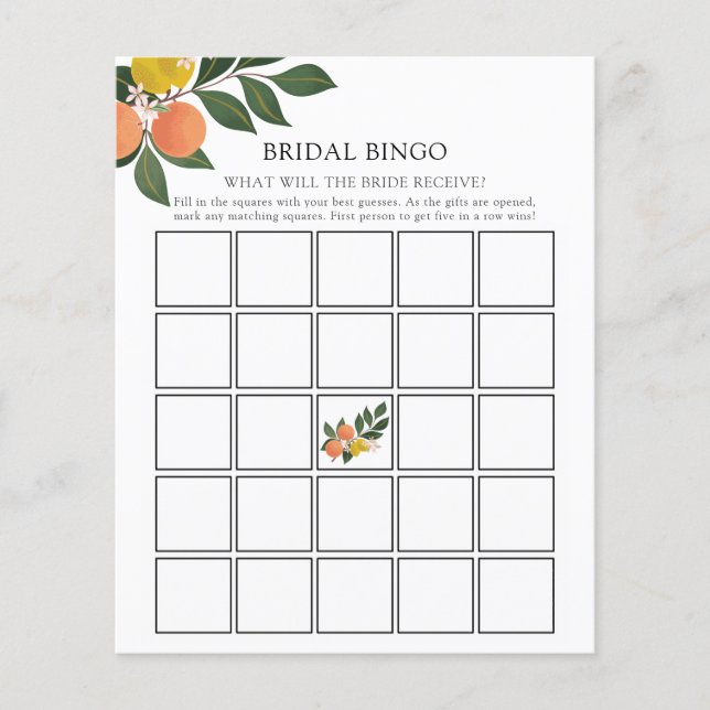 Main Squeeze Citrus Bridal Bingo Game Card (Front)