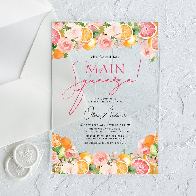 Main Squeeze Citrus Bridal Shower Orange Acrylic Invitations (Creator Uploaded)