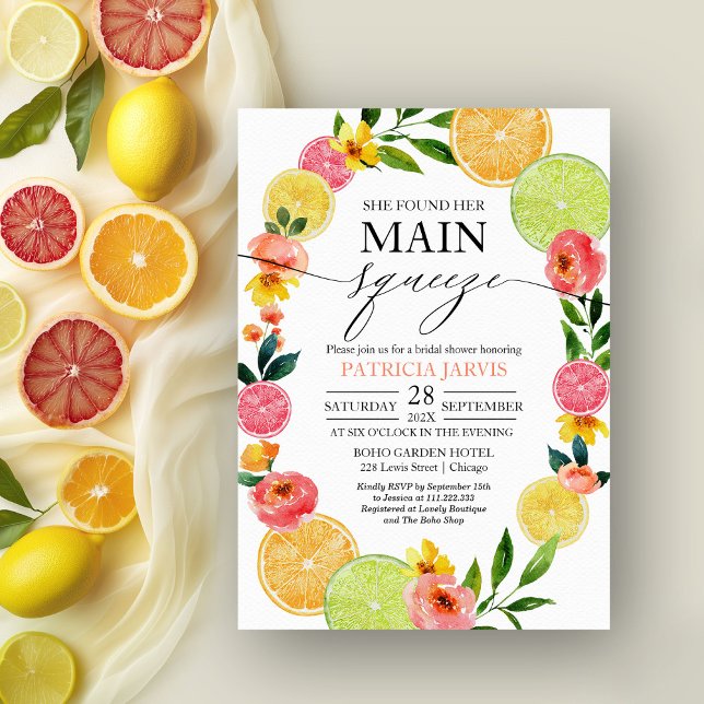 Main Squeeze Citrus Floral Bridal Shower  Invitation (Creator Uploaded)