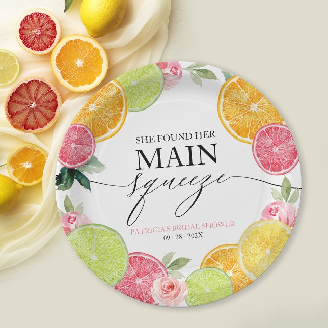 Main Squeeze Citrus Floral Bridal Shower  Paper Plate (Creator Uploaded)