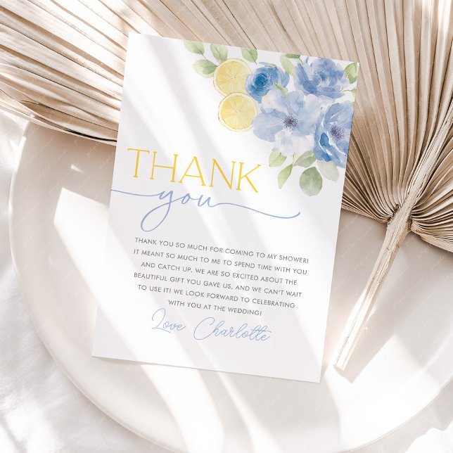 Main Squeeze Citrus Floral Bridal Shower Thank You Card (She found her main squeeze! Bridal Shower Thank You Cards in Blue floral citrus lemon design)