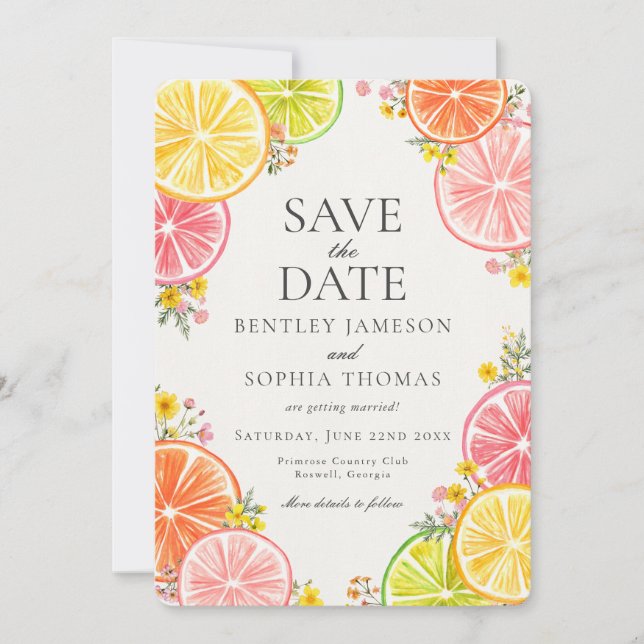 Main Squeeze Citrus Floral Summer Save the Date Invitation (Front)