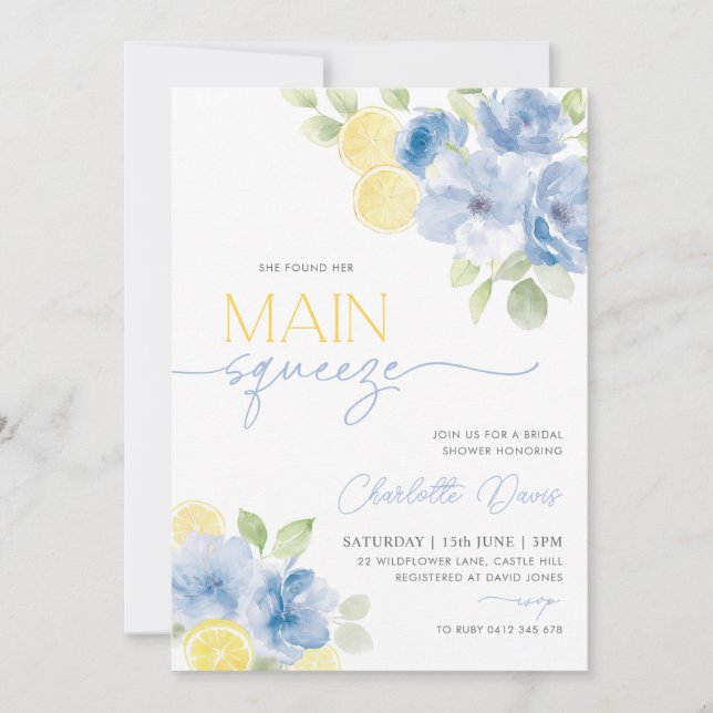 Main Squeeze Citrus Lemon Blue Bridal Shower Invitation (Front)
