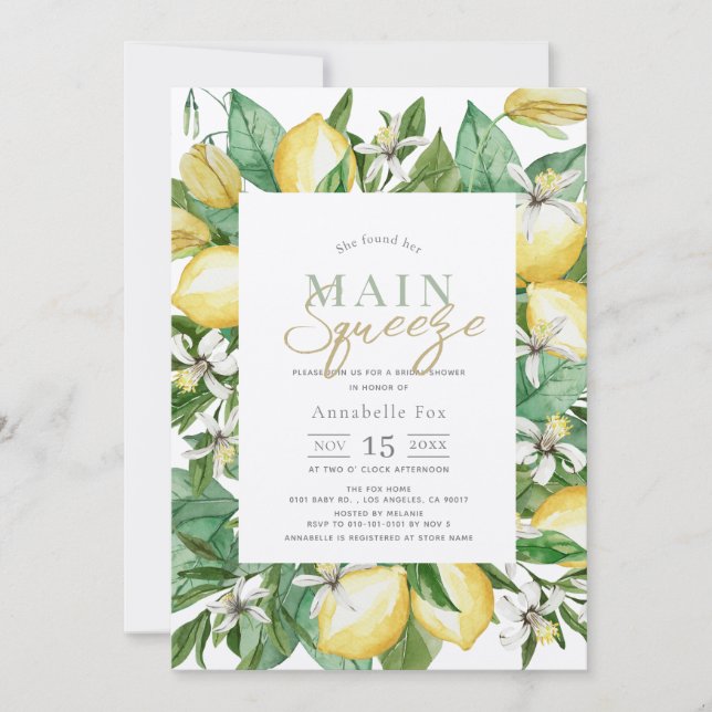 Main Squeeze Citrus Lemon Watercolor Bridal Shower Invitation (Front)