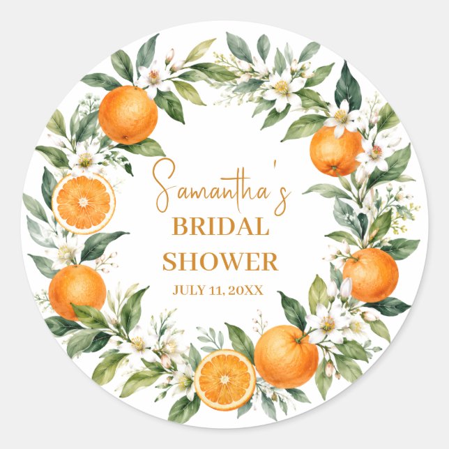 Main Squeeze Citrus Orange Bridal Shower Classic Round Sticker (Front)
