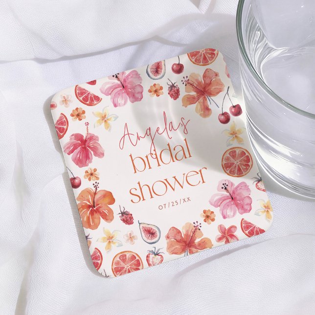 Main Squeeze Citrus Orange Bridal Shower Square Paper Coaster (Creator Uploaded)