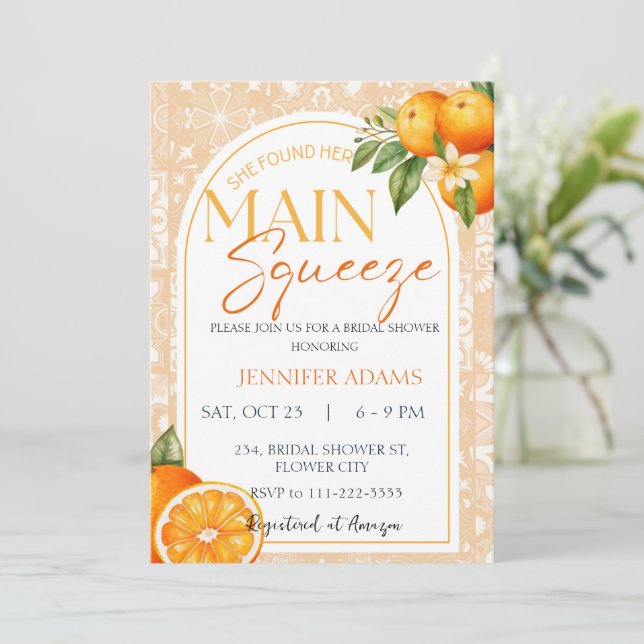 Main Squeeze Citrus Orange Summer Bridal Shower Invitation (Standing Front)