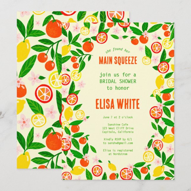MAIN SQUEEZE Citrus Summer Bright BRIDAL SHOWER Invitation (Front/Back)