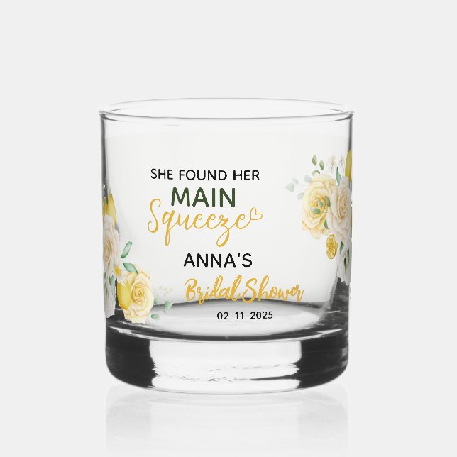 Main Squeeze Elegant Lemon Floral Bridal Shower  Whiskey Glass (Front)