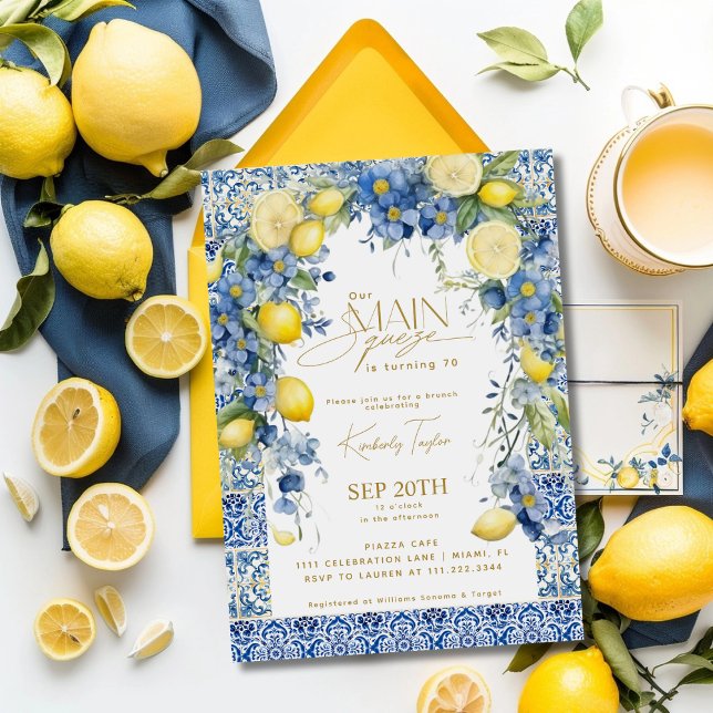 Main Squeeze Italy Lemon Blue Tiles Birthday Invitation (Creator Uploaded)