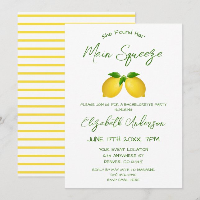 Main Squeeze Lemon Bachelorette Party Invitation (Front/Back)