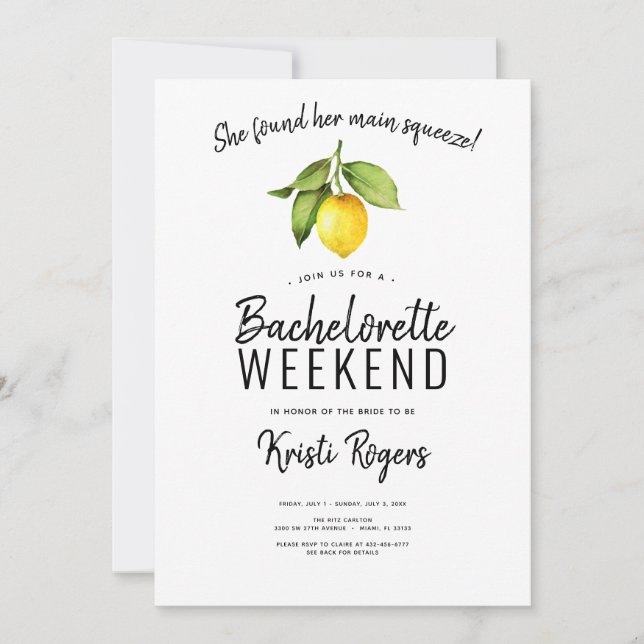Main Squeeze Lemon Bachelorette Weekend Itinerary Invitation (Front)