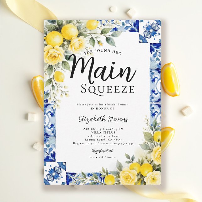 Main Squeeze Lemon Blue Tile Floral Bridal Shower  Invitation (main squeeze bridal shower lemon theme mediterranean italian blue tile invitation summer)