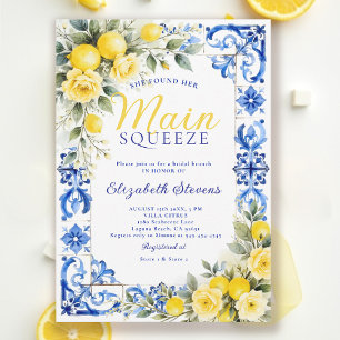Main Squeeze Lemon Blue Tile Floral Bridal Shower  Invitation