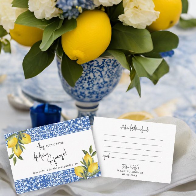 Main Squeeze Lemon Blue Tile Wedding Shower Advice Enclosure Card (Creator Uploaded)