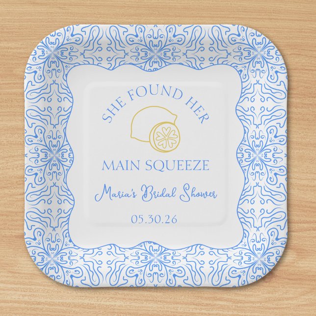 Main Squeeze Lemon & Blue Tiles Bridal Shower Paper Plate (Elevate your bridal shower with elegant lemon-themed plates, perfect for She Found her Main Squeeze)
