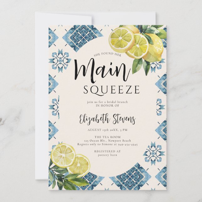 Main Squeeze Lemon Blue Tiles Citrus Bridal Shower Invitation (Front)