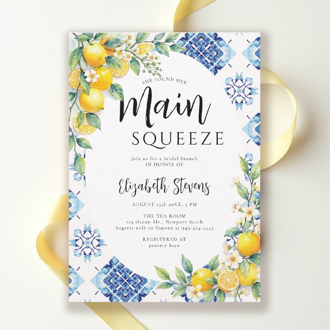 Main Squeeze Lemon Blue Tiles Summer Bridal Shower Invitation (main squeeze bridal shower theme mediterranean italian summer blue tile lemon invitation)